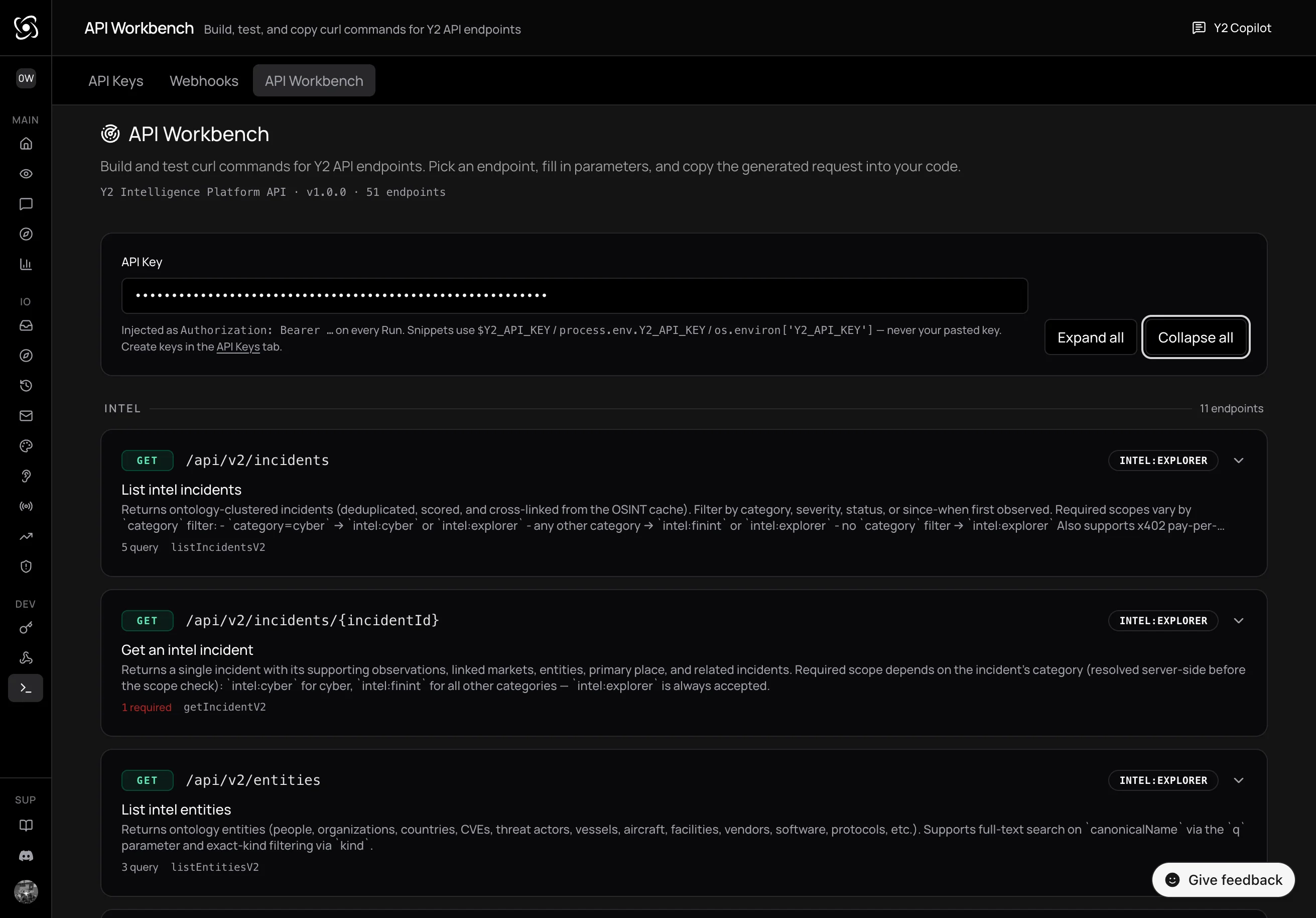 Y2 API Workbench endpoints screenshot